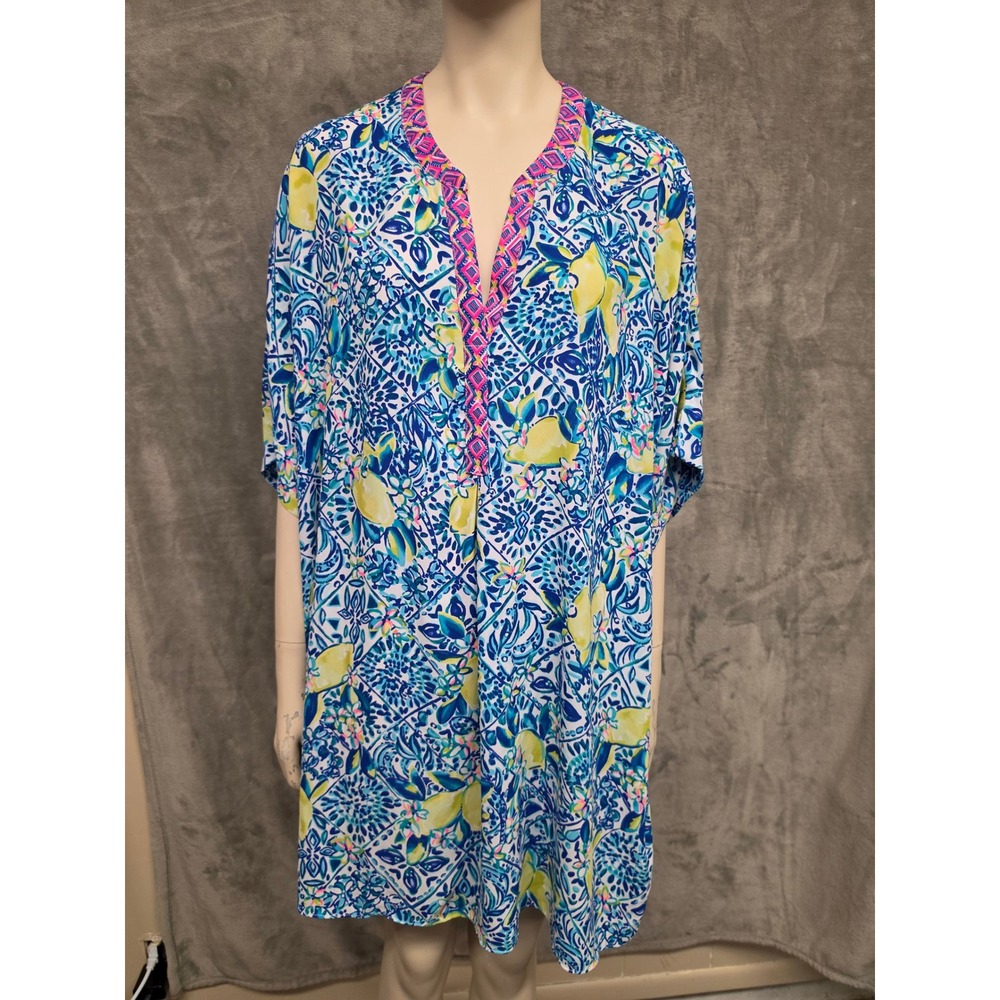 Lilly Pulitzer Caftan Squeeze the Day Lemon Print Dress Swim Cover Blue Yellow S
